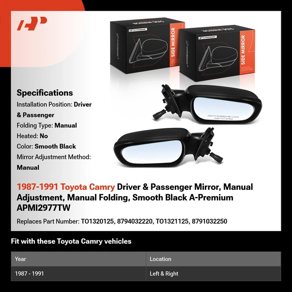 1987-1991 Toyota Camry Driver & Passenger Mirror, Manual Adjustment, Manual Folding, Smooth Black A-Premium APMI2977TW