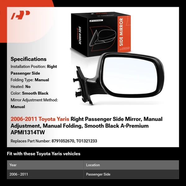 2006-2011 Toyota Yaris Right Passenger Side Mirror, Manual Adjustment, Manual Folding, Smooth Black A-Premium APMI1314TW