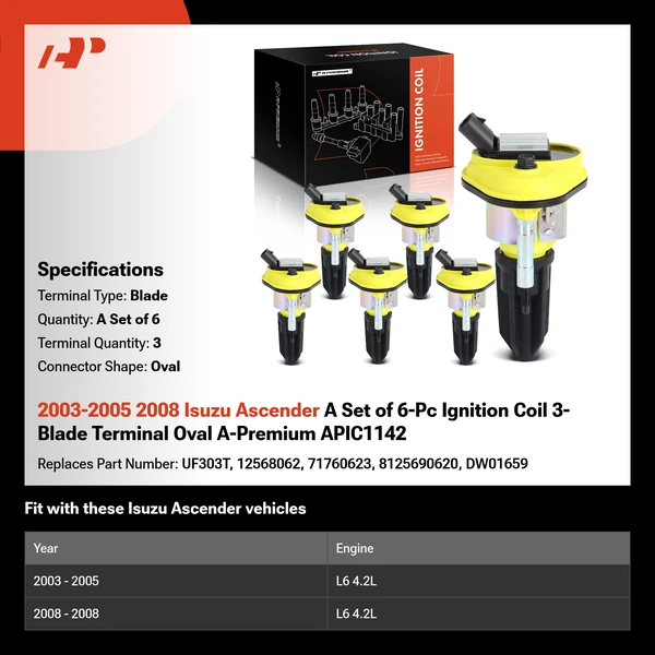 2003-2005 2008 Isuzu Ascender A Set of 6-Pc Ignition Coil 3-Blade Terminal Oval A-Premium APIC1142