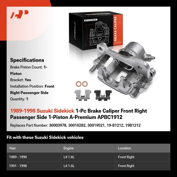 1989-1998 Suzuki Sidekick 1-Pc Brake Caliper Front Right Passenger Side 1-Piston A-Premium APBC1912