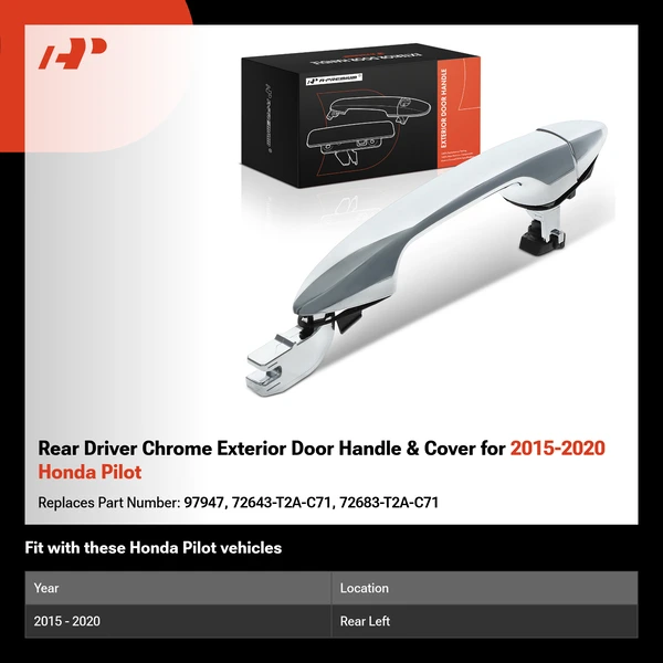 Rear Driver Chrome Exterior Door Handle & Cover for 2015-2020 Honda Pilot