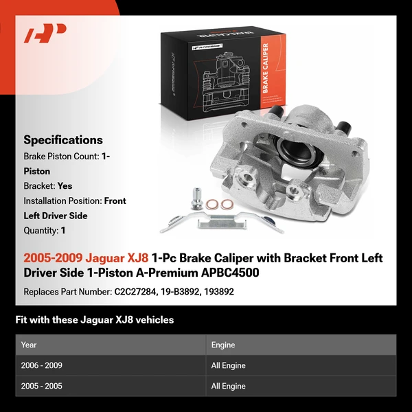 2005-2009 Jaguar XJ8 1-Pc Brake Caliper with Bracket Front Left Driver Side 1-Piston A-Premium APBC4500