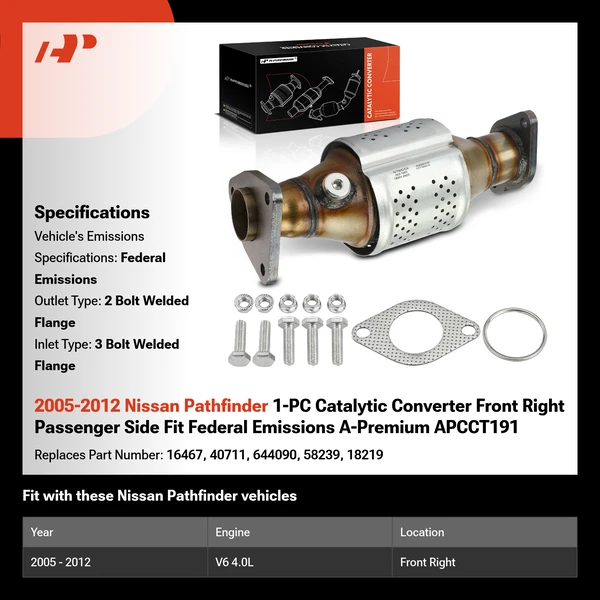 2005-2012 Nissan Pathfinder 1-PC Catalytic Converter Front Right Passenger Side Fit Federal Emissions A-Premium APCCT191