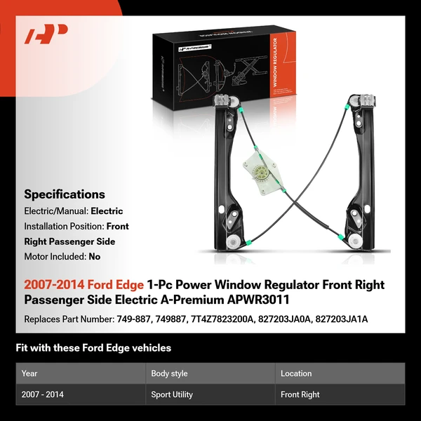 2007-2014 Ford Edge 1-Pc Power Window Regulator Front Right Passenger Side Electric A-Premium APWR3011