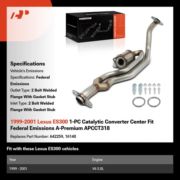 1999-2001 Lexus ES300 1-PC Catalytic Converter Center Fit Federal Emissions A-Premium APCCT318