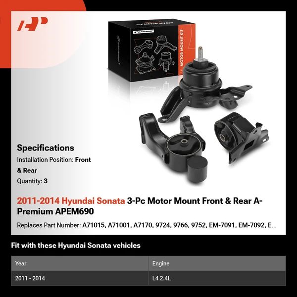 2011-2014 Hyundai Sonata 3-Pc Motor Mount Front & Rear A-Premium APEM690