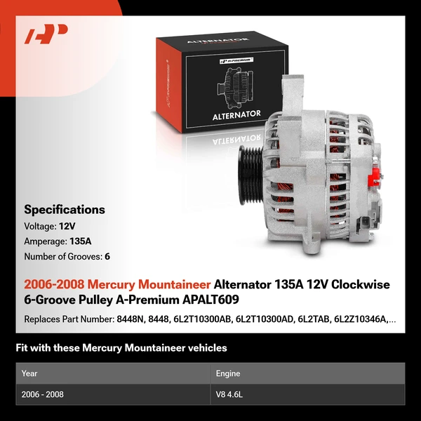 2006-2008 Mercury Mountaineer Alternator 135A 12V Clockwise 6-Groove Pulley A-Premium APALT609