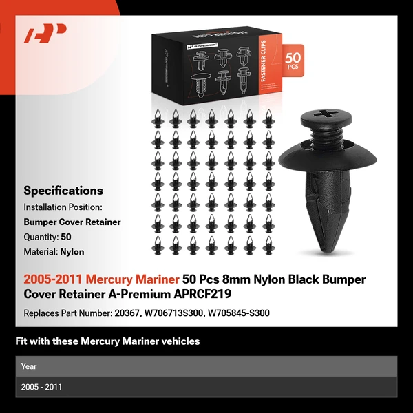 2005-2011 Mercury Mariner 50 Pcs 8mm Nylon Black Bumper Cover Retainer A-Premium APRCF219