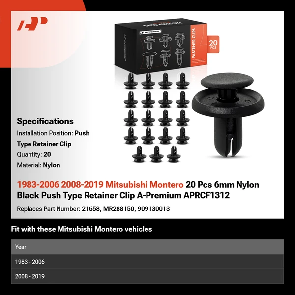 1983-2006 2008-2019 Mitsubishi Montero 20 Pcs 6mm Nylon Black Push Type Retainer Clip A-Premium APRCF1312