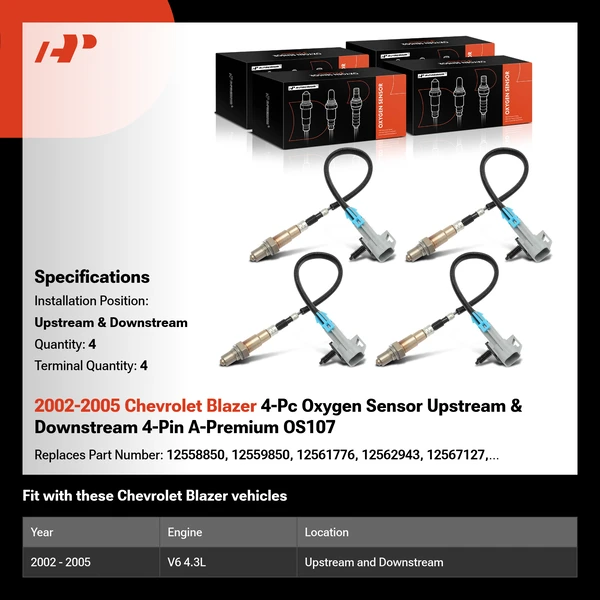 2002-2005 Chevrolet Blazer 4-Pc Oxygen Sensor Upstream & Downstream 4-Pin A-Premium OS107