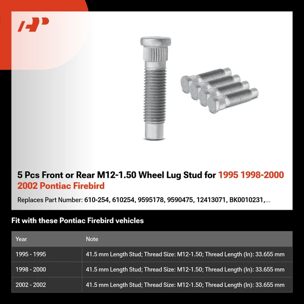 5 Pcs Front or Rear M12-1.50 Wheel Lug Stud for 1995 1998-2000 2002 Pontiac Firebird