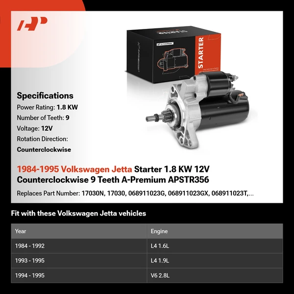 1984-1995 Volkswagen Jetta Starter 1.8 KW 12V Counterclockwise 9 Teeth A-Premium APSTR356