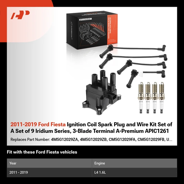 2011-2019 Ford Fiesta Ignition Coil Spark Plug and Wire Kit Set of A Set of 9 Iridium Series, 3-Blade Terminal A-Premium APIC1261