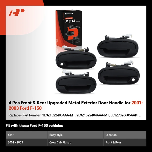 4 Pcs Front & Rear Upgraded Metal Exterior Door Handle for 2001-2003 Ford F-150
