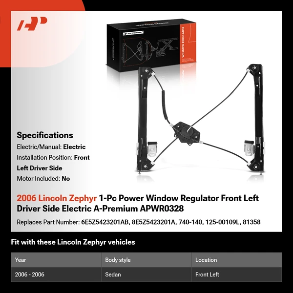 2006 Lincoln Zephyr 1-Pc Power Window Regulator Front Left Driver Side Electric A-Premium APWR0328
