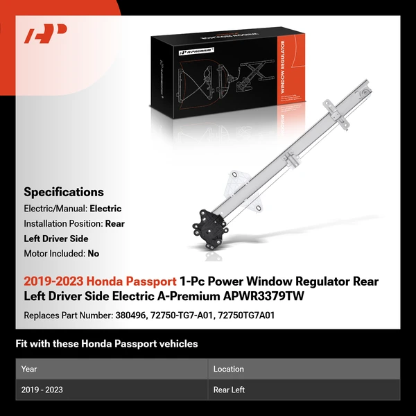 2019-2023 Honda Passport 1-Pc Power Window Regulator Rear Left Driver Side Electric A-Premium APWR3379TW