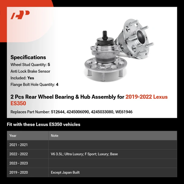 2 Pcs Rear Wheel Bearing & Hub Assembly for 2019-2022 Lexus ES350