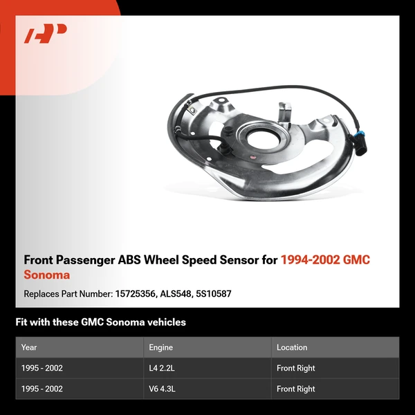 Front Passenger ABS Wheel Speed Sensor for 1994-2002 GMC Sonoma