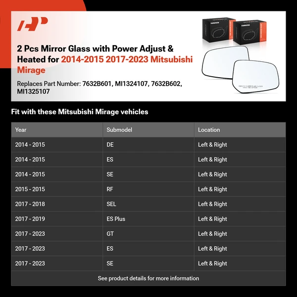 2 Pcs Mirror Glass with Power Adjust & Heated for 2014-2015 2017-2023 Mitsubishi Mirage