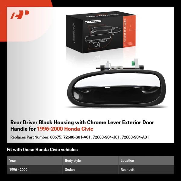 Rear Driver Black Housing with Chrome Lever Exterior Door Handle for 1996-2000 Honda Civic