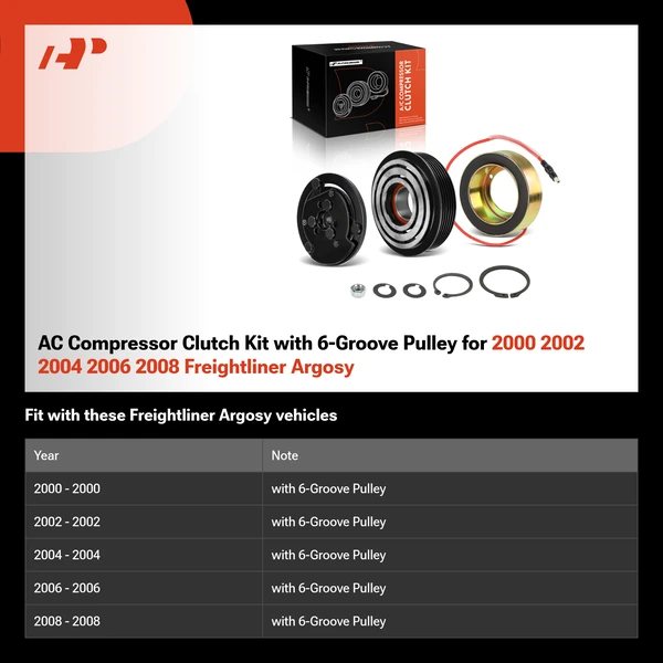 AC Compressor Clutch Kit with 6-Groove Pulley for 2000 2002 2004 2006 2008 Freightliner Argosy