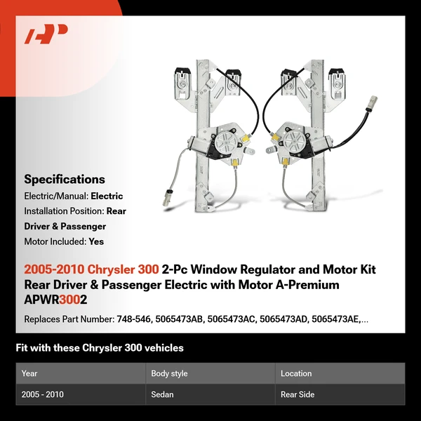 2005-2010 Chrysler 300 2-Pc Window Regulator and Motor Kit Rear Driver & Passenger Electric with Motor A-Premium APWR3002