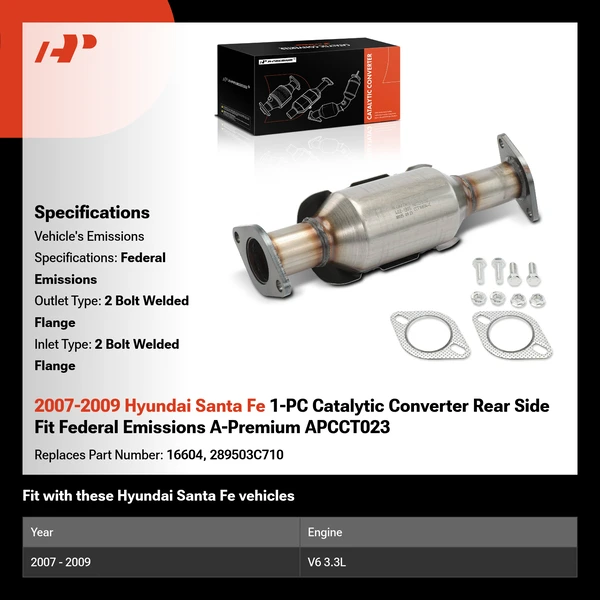 2007-2009 Hyundai Santa Fe 1-PC Catalytic Converter Rear Side Fit Federal Emissions A-Premium APCCT023