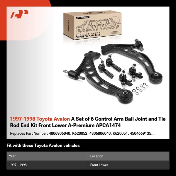 1997-1998 Toyota Avalon A Set of 6 Control Arm Ball Joint and Tie Rod End Kit Front Lower A-Premium APCA1474