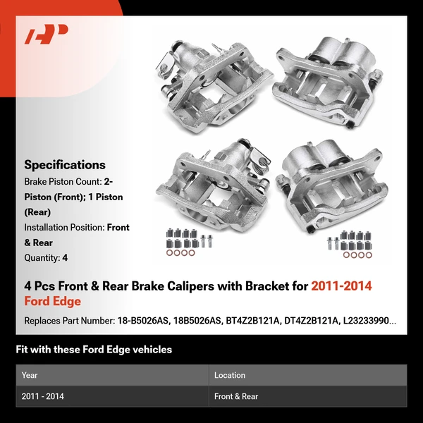 4 Pcs Front & Rear Brake Calipers with Bracket for 2011-2014 Ford Edge