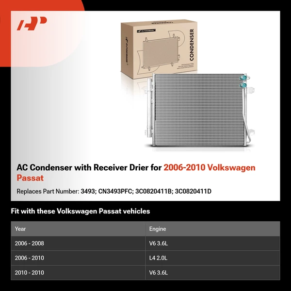 AC Condenser with Receiver Drier for 2006-2010 Volkswagen Passat