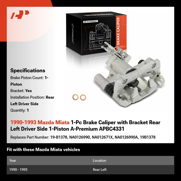 1990-1993 Mazda Miata 1-Pc Brake Caliper with Bracket Rear Left Driver Side 1-Piston A-Premium APBC4331