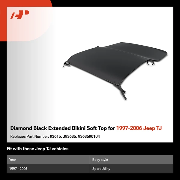Diamond Black Extended Bikini Soft Top for 1997-2006 Jeep TJ