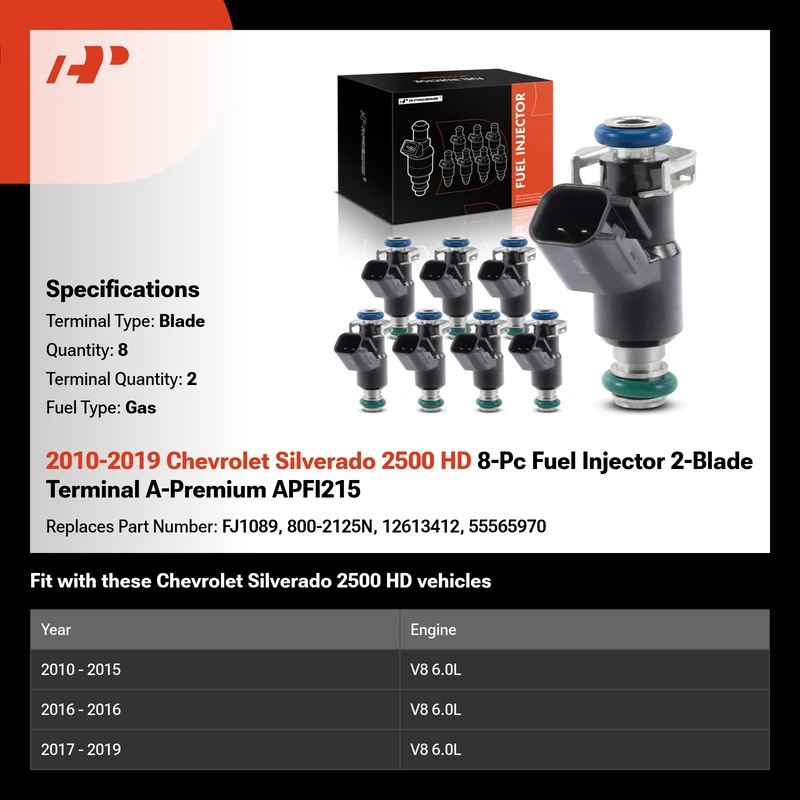 2010-2019 Chevrolet Silverado 2500 HD 8-Pc Fuel Injector 2-Blade Terminal A-Premium APFI215