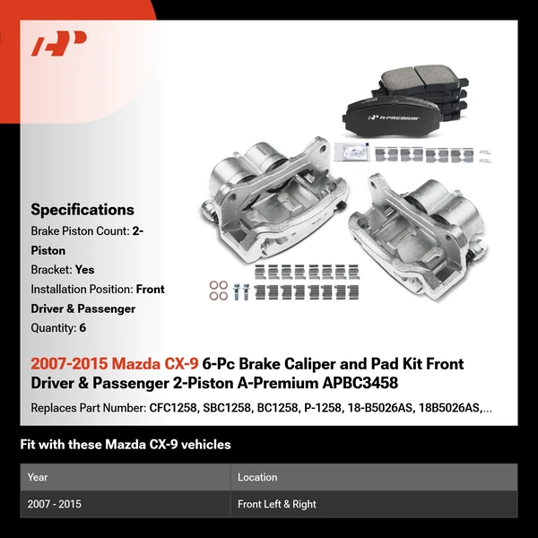 2007-2015 Mazda CX-9 6-Pc Brake Caliper and Pad Kit Front Driver & Passenger 2-Piston A-Premium APBC3458