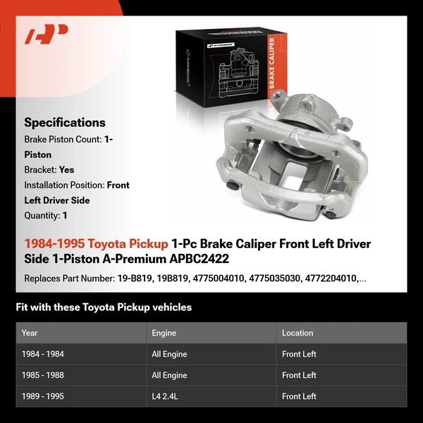 1984-1995 Toyota Pickup 1-Pc Brake Caliper Front Left Driver Side 1-Piston A-Premium APBC2422