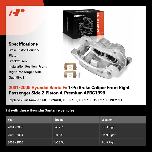 2001-2006 Hyundai Santa Fe 1-Pc Brake Caliper Front Right Passenger Side 2-Piston A-Premium APBC1996
