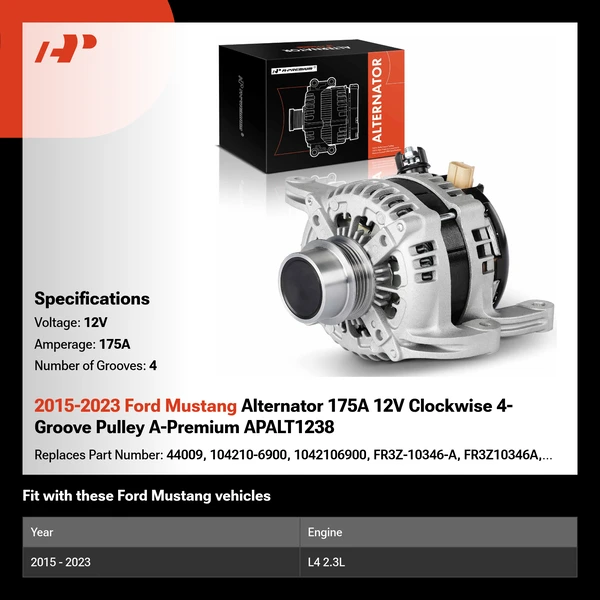 2015-2023 Ford Mustang Alternator 175A 12V Clockwise 4-Groove Pulley A-Premium APALT1238