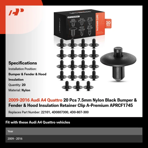 2009-2016 Audi A4 Quattro 20 Pcs 7.5mm Nylon Black Bumper & Fender & Hood Insulation A-Premium APRCF1745