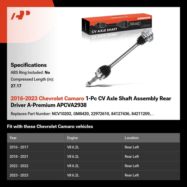 2016-2023 Chevrolet Camaro 1-Pc CV Axle Shaft Assembly Rear Driver A-Premium APCVA2938