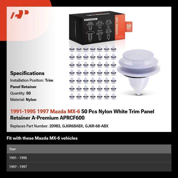 1991-1995 1997 Mazda MX-6 50 Pcs Nylon White Trim Panel Retainer A-Premium APRCF600