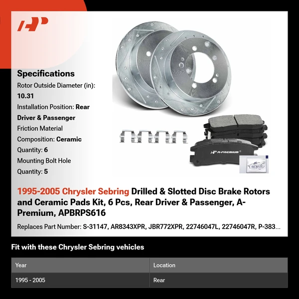 1995-2005 Chrysler Sebring Drilled & Slotted Disc Brake Rotors and Ceramic Pads Kit, 6 Pcs, Rear Driver & Passenger, A-Premium, APBRPS616