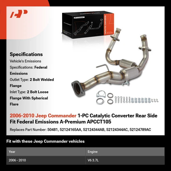 2006-2010 Jeep Commander 1-PC Catalytic Converter Rear Side Fit Federal Emissions A-Premium APCCT105