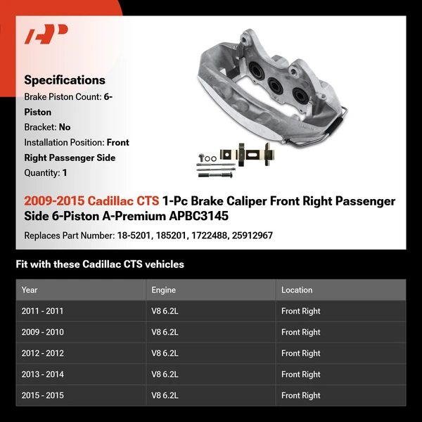 2009-2015 Cadillac CTS 1-Pc Brake Caliper Front Right Passenger Side 6-Piston A-Premium APBC3145