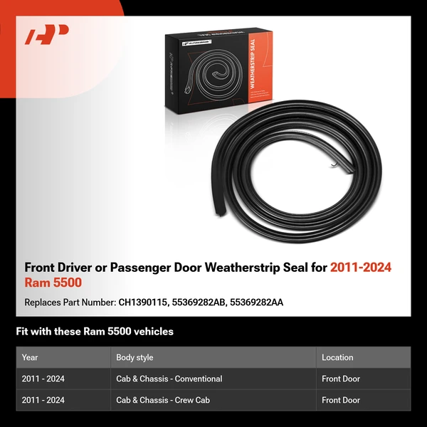 Front Driver or Passenger Door Weatherstrip Seal for 2011-2024 Ram 5500
