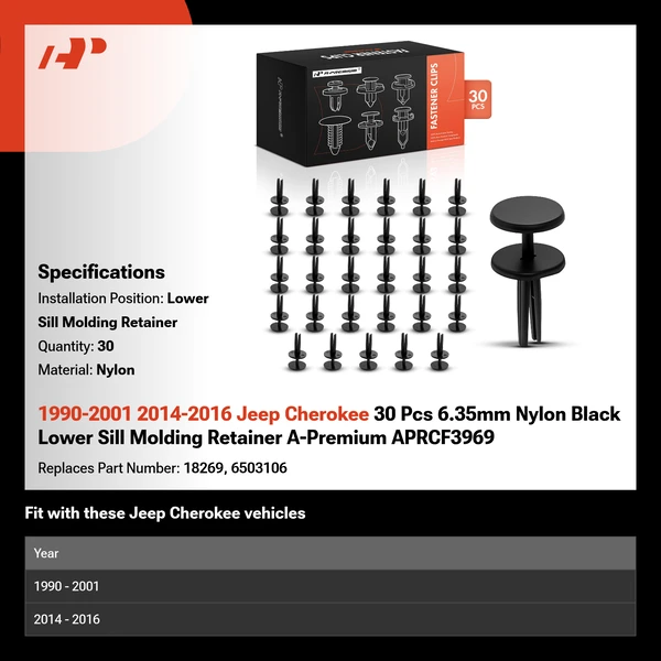 1990-2001 2014-2016 Jeep Cherokee 30 Pcs 6.35mm Nylon Black Lower Sill Molding Retainer A-Premium APRCF3969