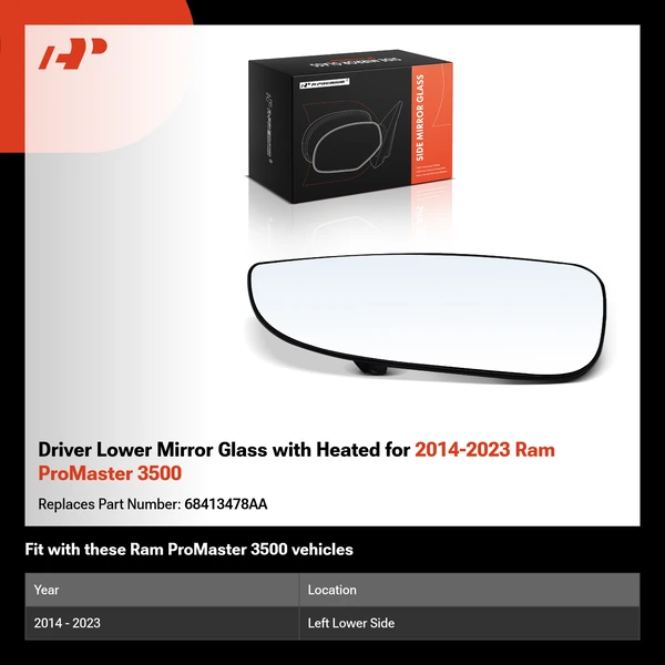 Driver Lower Mirror Glass with Heated for 2014-2023 Ram ProMaster 3500