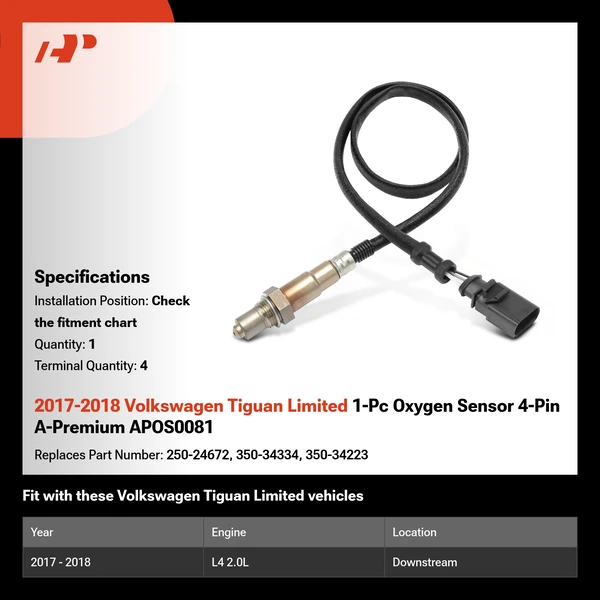 2017-2018 Volkswagen Tiguan Limited 1-Pc Oxygen Sensor 4-Pin A-Premium APOS0081