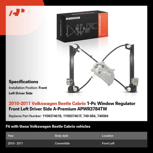 2010-2011 Volkswagen Beetle Cabrio 1-Pc Window Regulator Front Left Driver Side A-Premium APWR3784TW