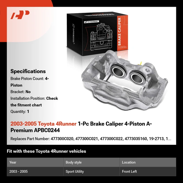 2003-2005 Toyota 4Runner 1-Pc Brake Caliper 4-Piston A-Premium APBC0244