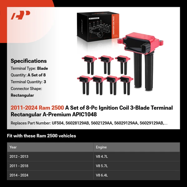 2011-2024 Ram 2500 A Set of 8-Pc Ignition Coil 3-Blade Terminal Rectangular A-Premium APIC1048